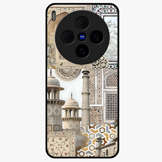 Mughal Marble Legacy Glass Case showing flat back view with intricate Mughal inspired marble pattern and glossy glass finish.