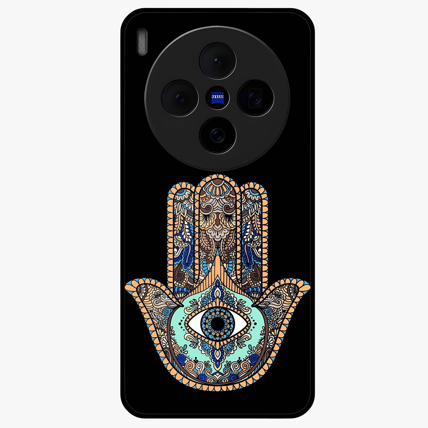 Mystic Hamsa Eye Glass Case showing flat back view with protective hamsa hand and evil eye artwork and glossy glass finish.