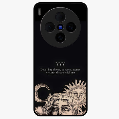Mystic Victory Aura Glass Case showing flat back view with victory symbol artwork and glossy glass finish.