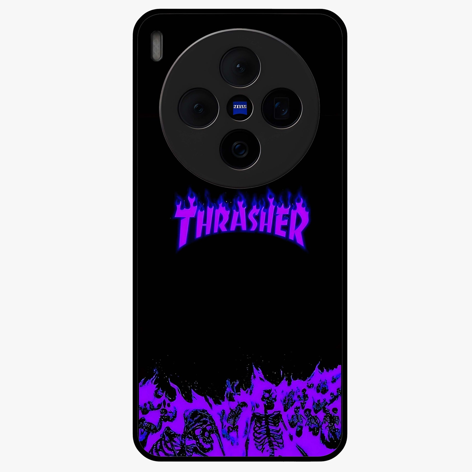 Neon Flame Riot Glass Case showing flat back view with neon flame artwork and glossy glass finish.