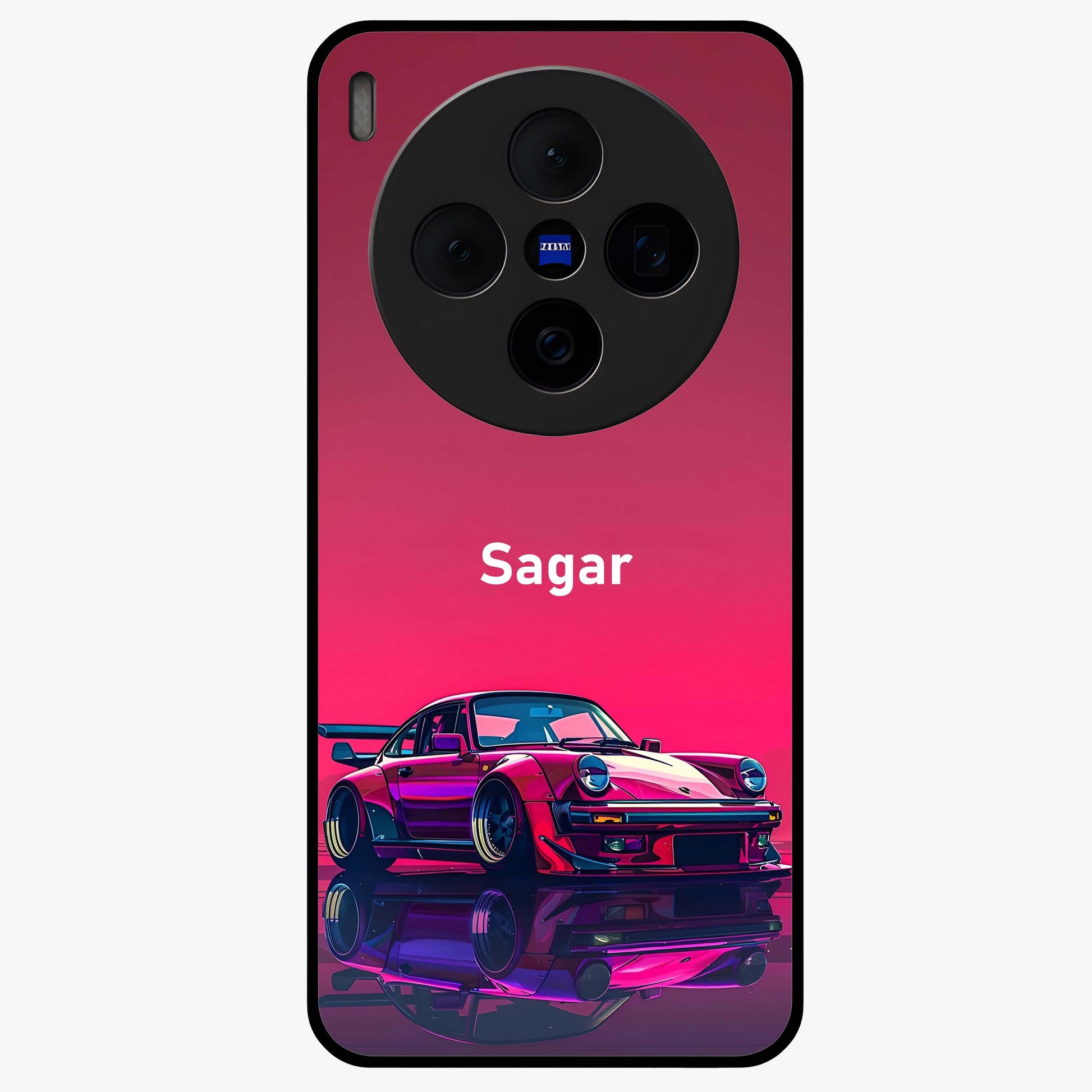 Neon Pink Porsche Glass Case showing flat back view with stylish sports car artwork and glossy glass finish.