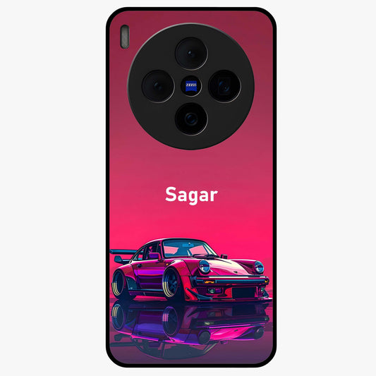 Neon Pink Porsche Glass Case showing flat back view with stylish sports car artwork and glossy glass finish.