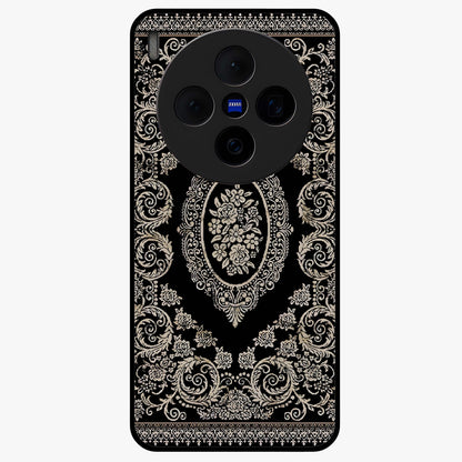 Noir Bloom Elegance Glass Case showing flat back view with elegant dark floral artwork and glossy glass finish.