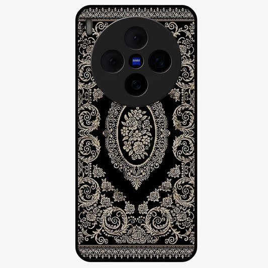 Noir Bloom Elegance Glass Case showing flat back view with elegant dark floral artwork and glossy glass finish.