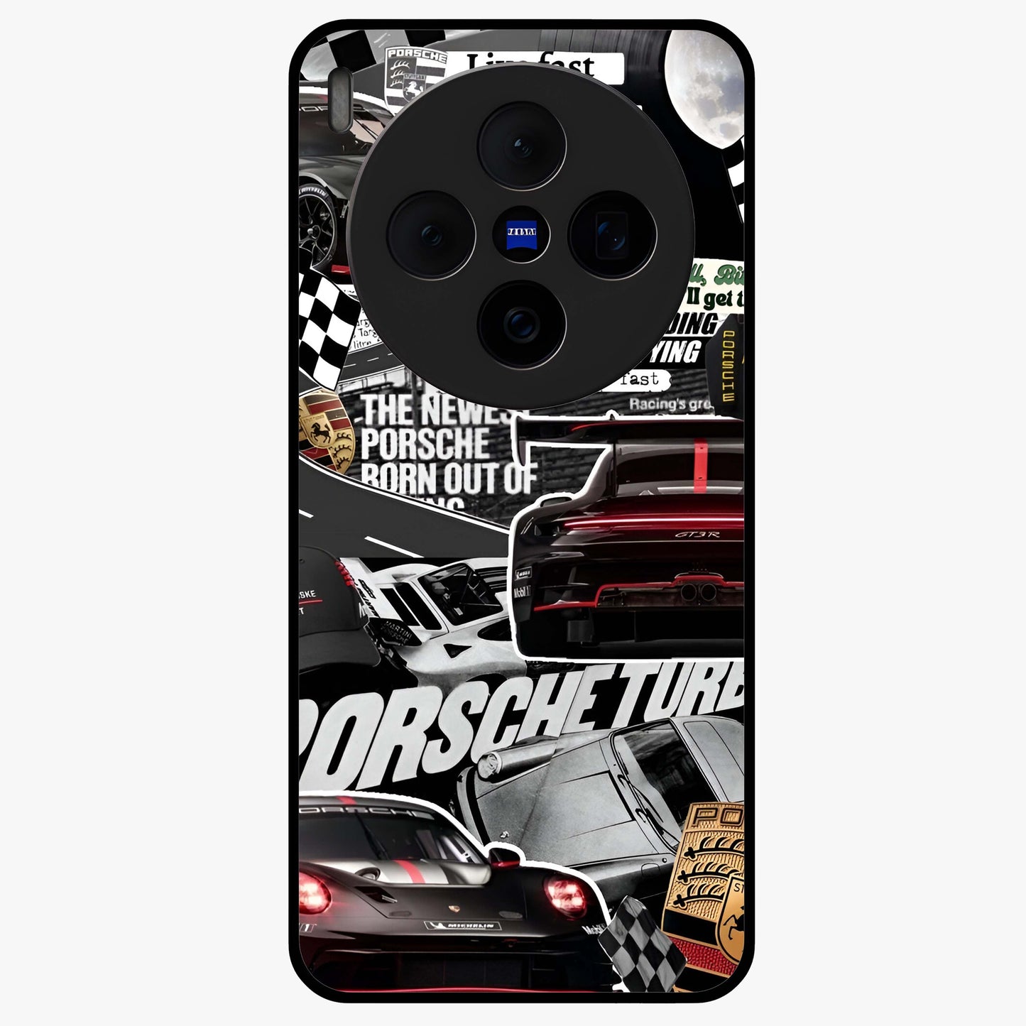Porsche Racing Collage Glass Case showing flat back view with sports car racing collage artwork and glossy glass finish.