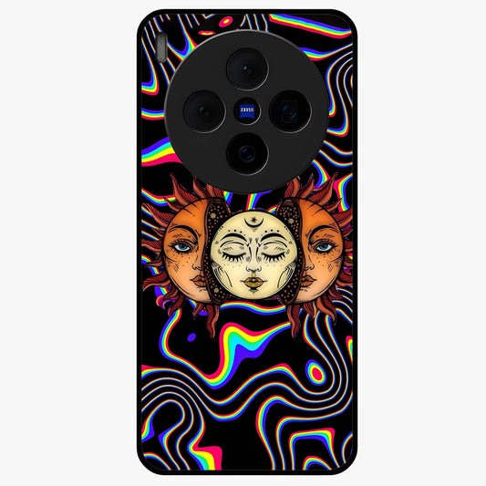 Psychedelic Sun Glass Case showing flat back view with colorful psychedelic sun artwork and glossy glass finish.