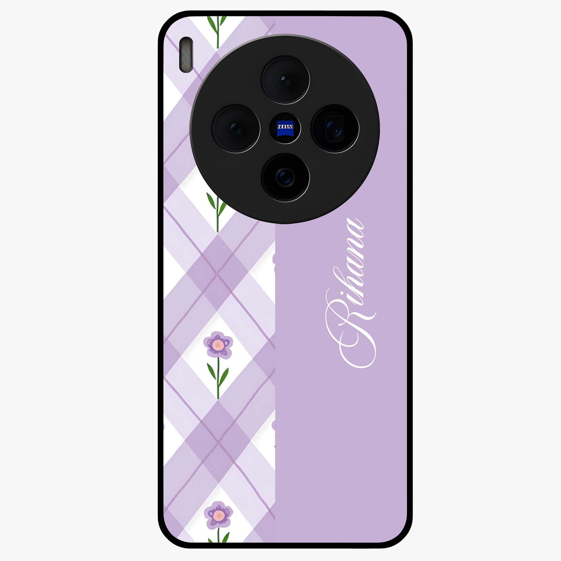 Purple Diamond Floral Glass Case showing flat back view with diamond shaped floral artwork and glossy glass finish.