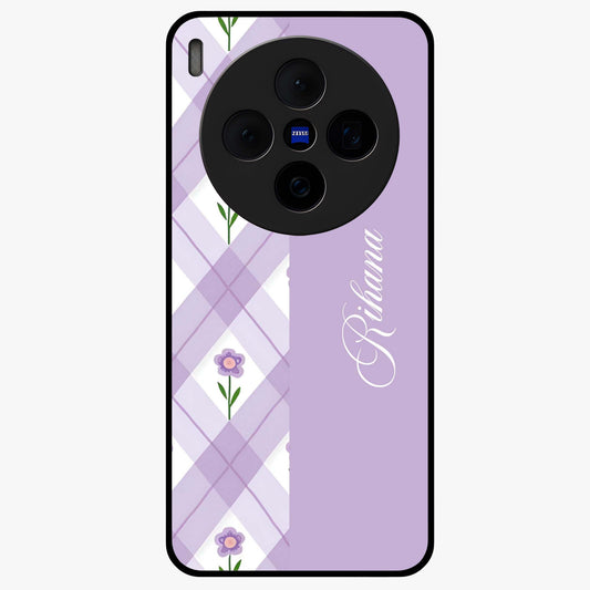 Purple Diamond Floral Glass Case showing flat back view with diamond shaped floral artwork and glossy glass finish.
