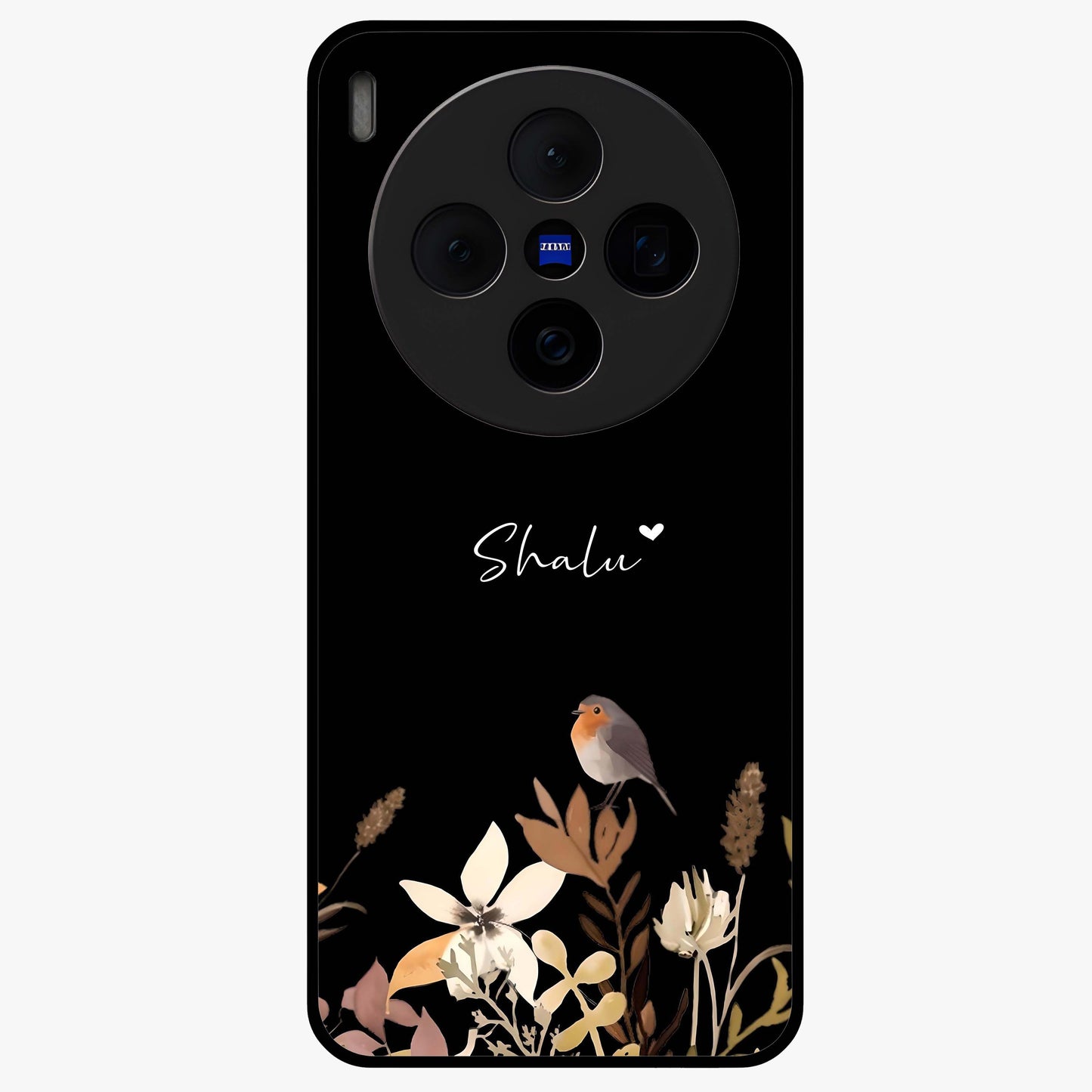 Quiet Garden Tune Custom Name Glass Case showing flat back view with peaceful garden artwork and personalized name design.