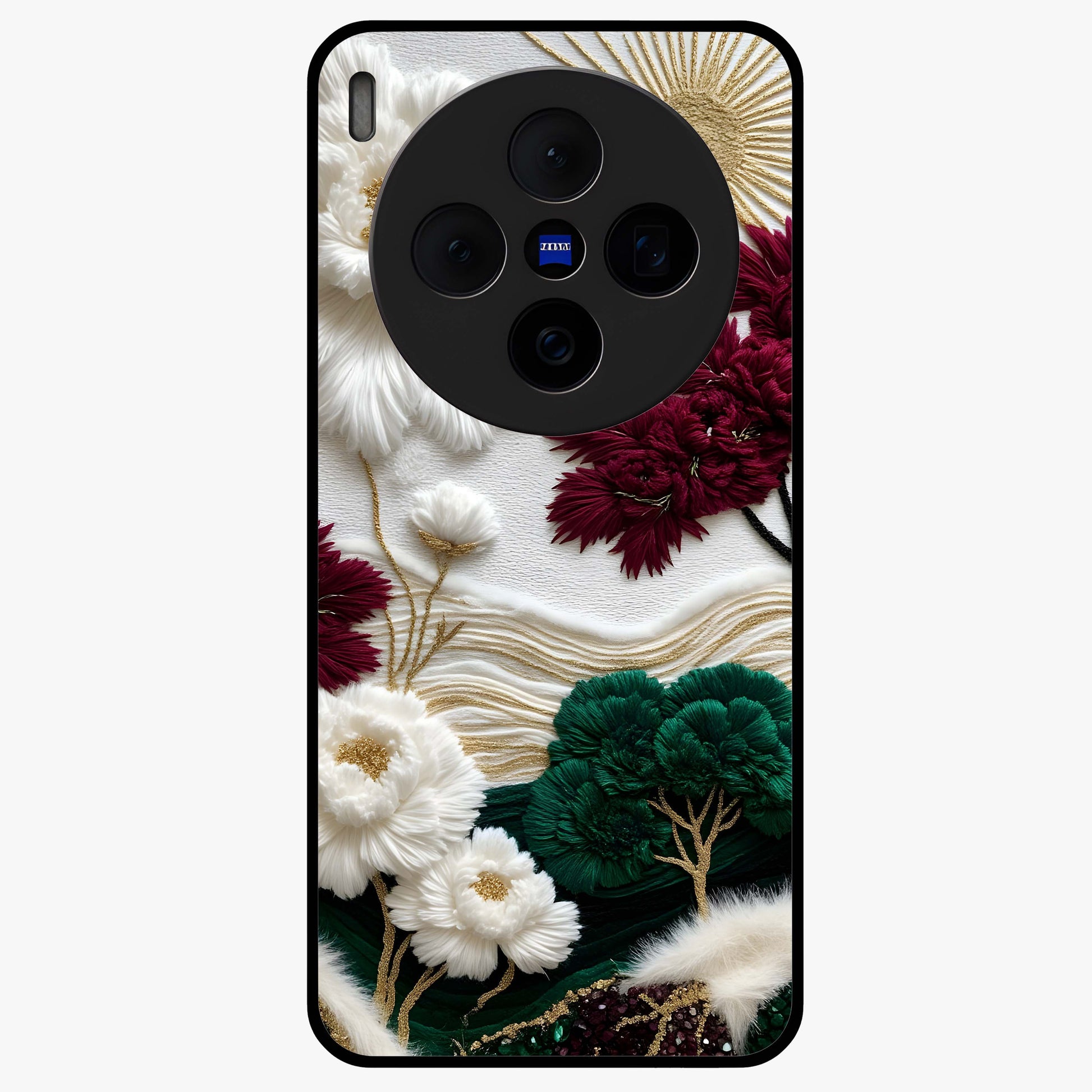 Radiant Bloom Elegance Glass Case showing flat back view with elegant blooming flower artwork and glossy glass finish.