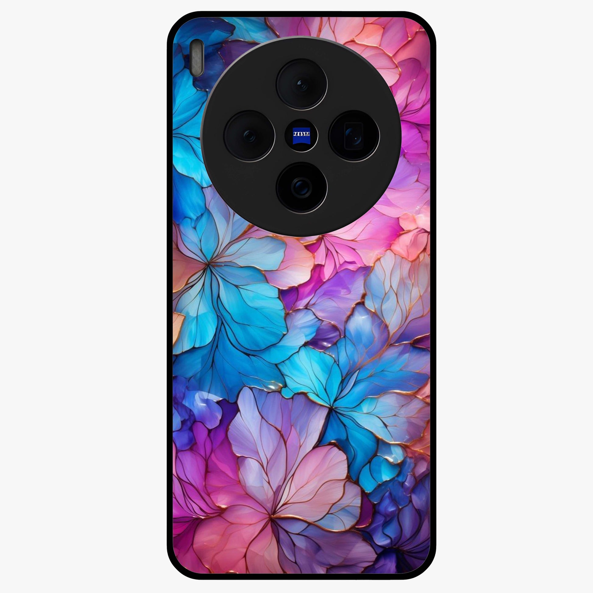 Radiant Floral Whirl Glass Case showing flat back view with swirling floral artwork and glossy glass finish.