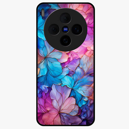 Radiant Floral Whirl Glass Case showing flat back view with swirling floral artwork and glossy glass finish.