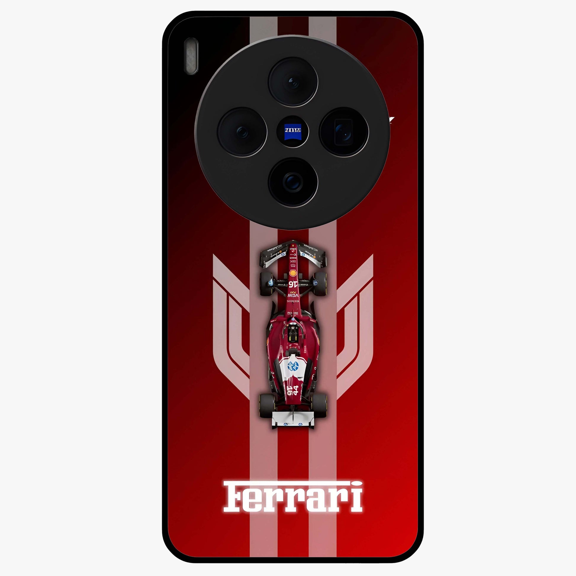 Red Ferrari F1 Vertical Glass Case showing flat back view with sleek Formula racing car artwork and glossy glass finish.
