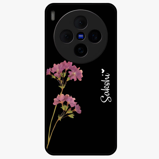 Riching Lavender Flower Custom Name Glass Case showing flat back view with lavender floral artwork and personalized name design.