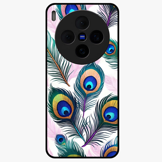 Royal Peacock Feathers Glass Case showing flat back view with colorful peacock feather artwork and glossy glass finish.
