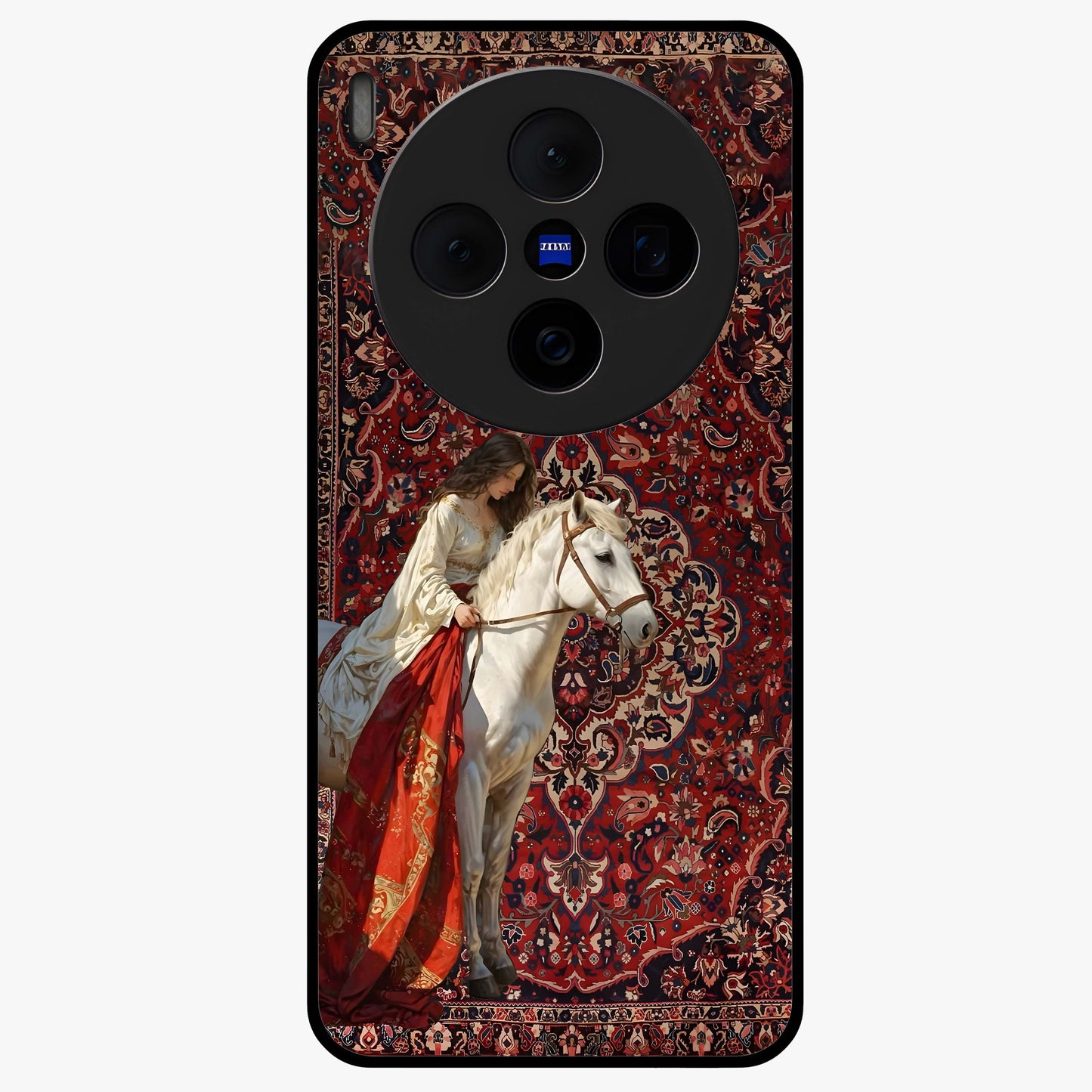 Royal Rider Tapestry Glass Case showing flat back view with majestic horse rider tapestry artwork and glossy glass finish.