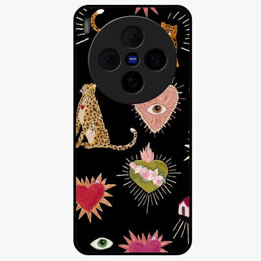 Sacred Jungle Heart Glass Case showing flat back view with jungle inspired heart artwork and glossy glass finish.