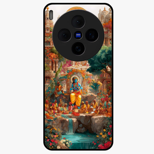 Sacred Sunlight Gods Glass Case showing flat back view with divine sunlight themed artwork and glossy glass finish.
