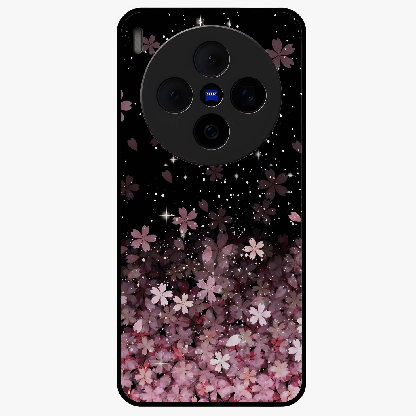 Small Starry Flowers Glass Case showing flat back view with delicate starry floral artwork and glossy glass finish.