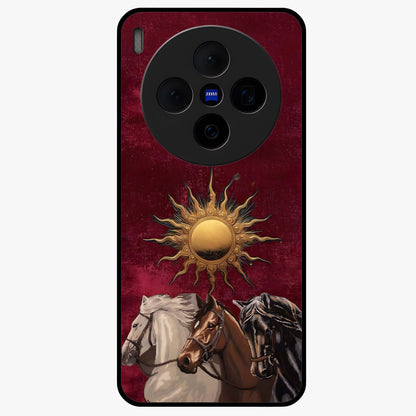Solar Riders Glass Case showing flat back view with dynamic rider themed artwork and glossy glass finish.