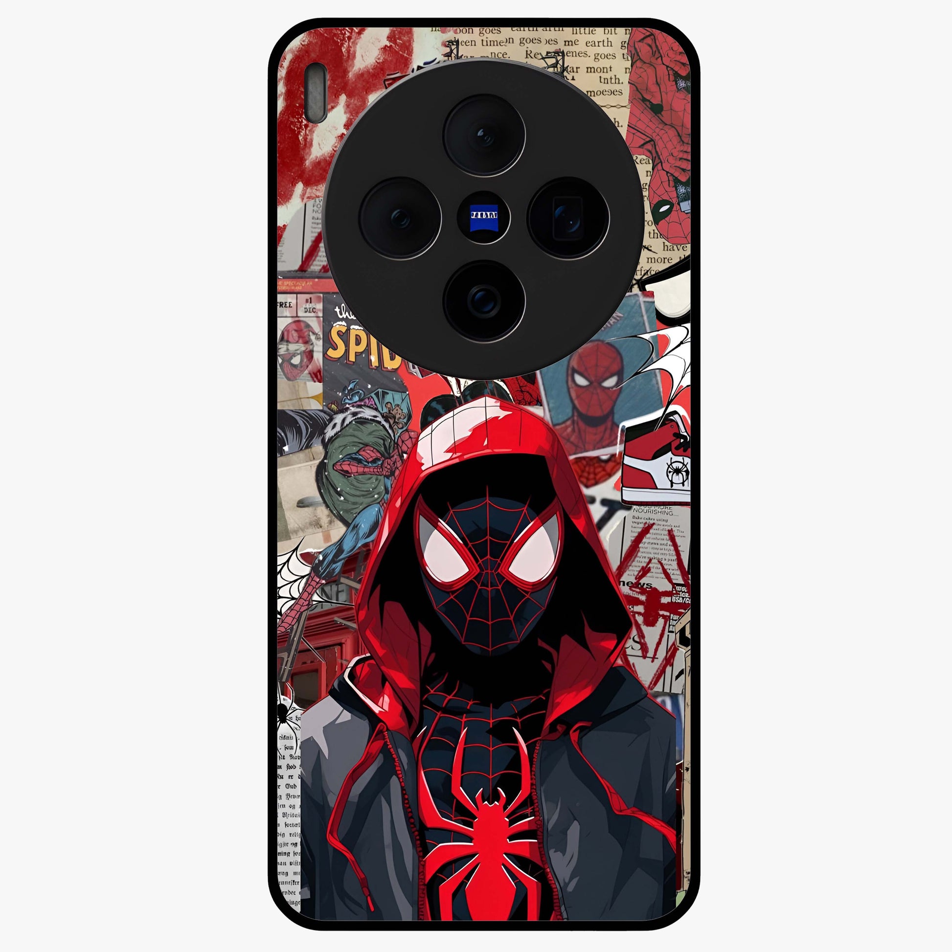 Spider Collage Street Glass Case showing flat back view with vibrant superhero collage artwork and glossy glass finish.