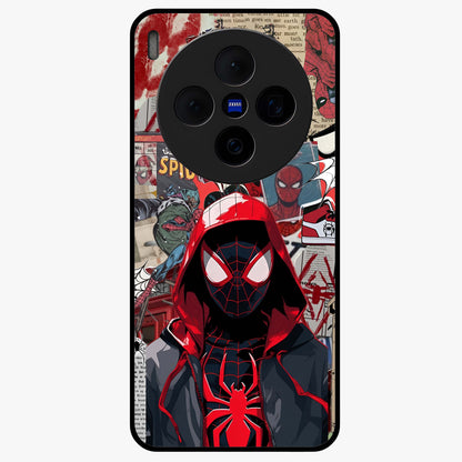 Spider Collage Street Glass Case showing flat back view with vibrant superhero collage artwork and glossy glass finish.