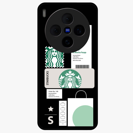 Starbucks Mocha Glass Case showing flat back view with coffee inspired artwork and glossy glass finish.