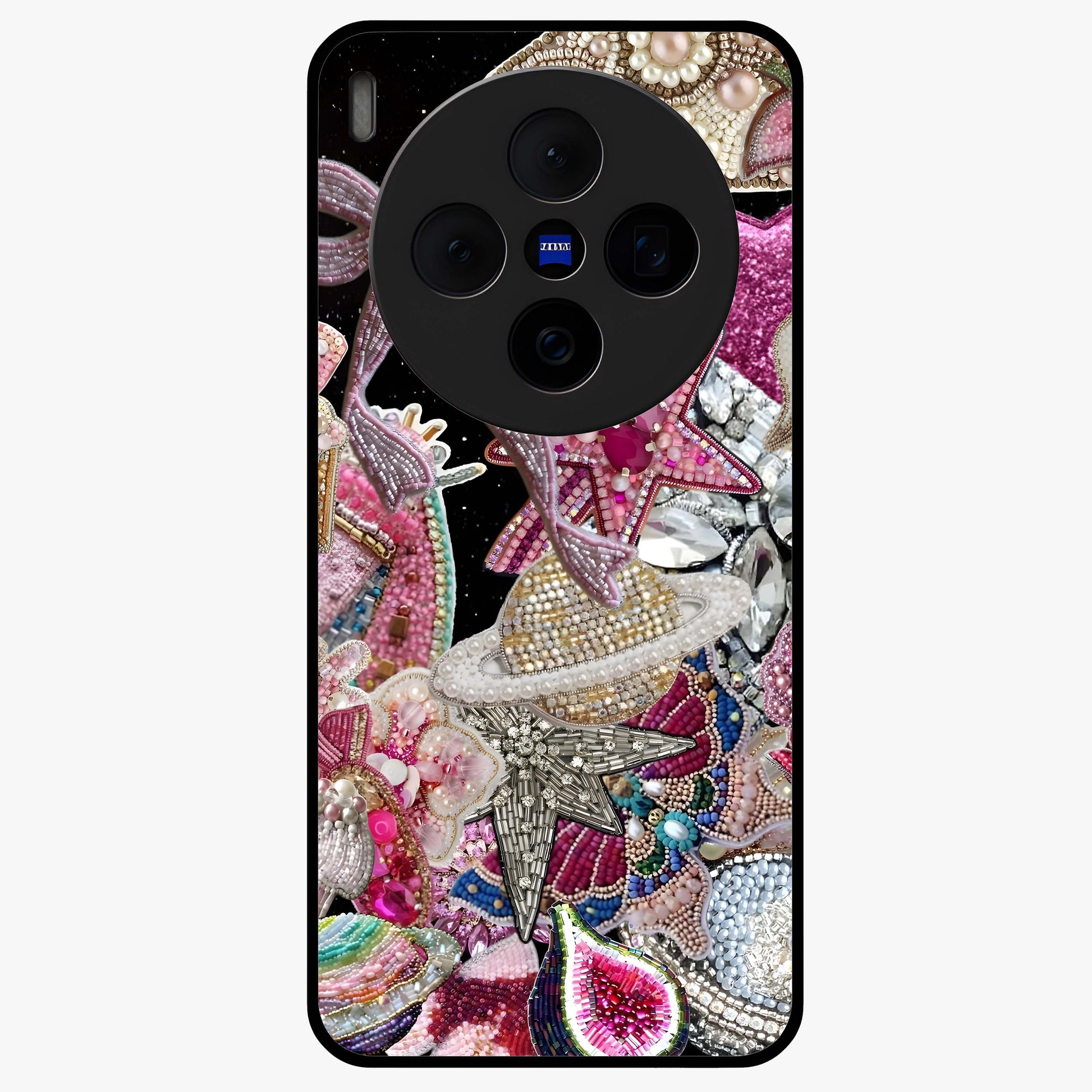 Starlit Jewel Dream Glass Case showing flat back view with sparkling jewel and star themed artwork and glossy glass finish.