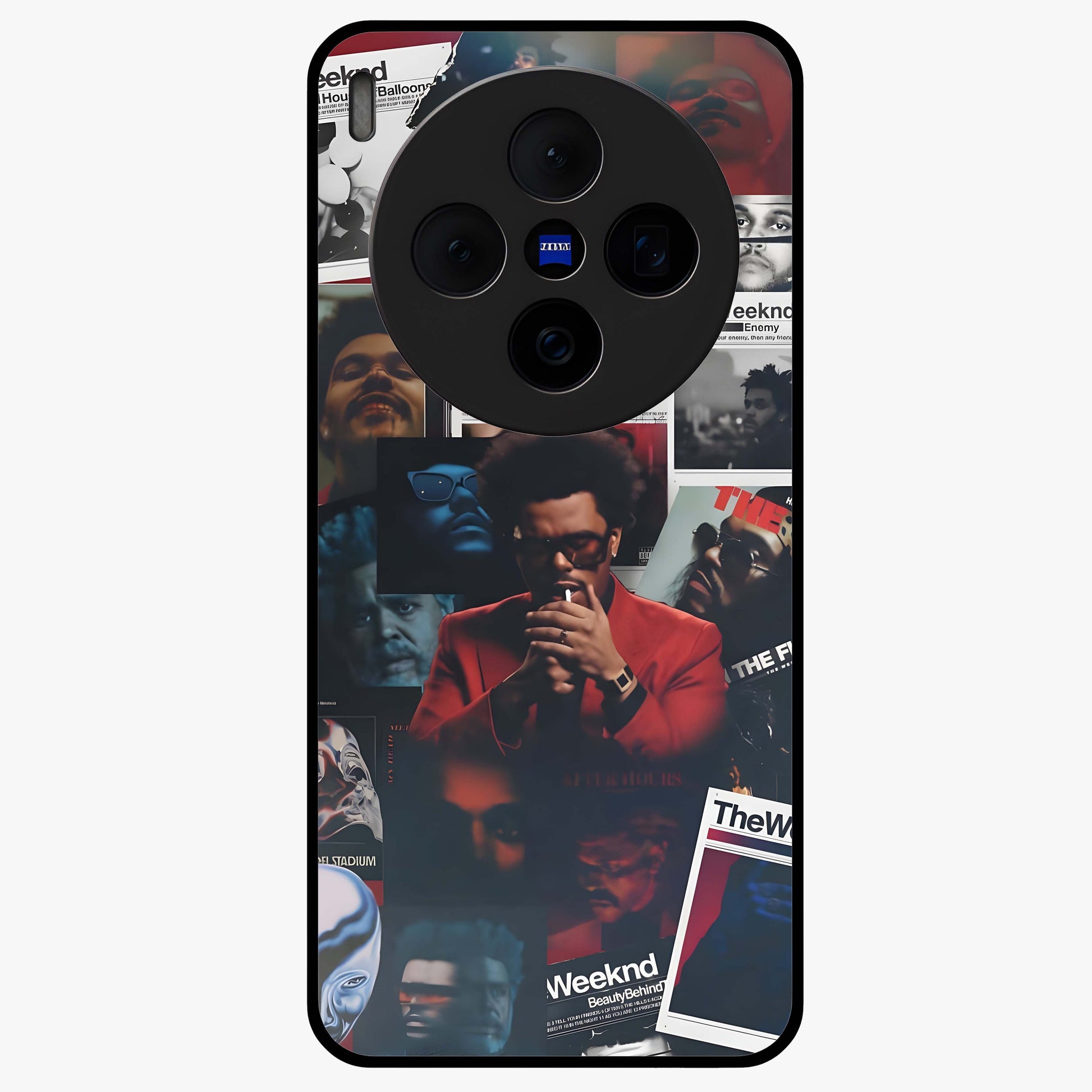 The Weeknd Glass Case showing flat back view with music inspired artistic portrait artwork and glossy glass finish.