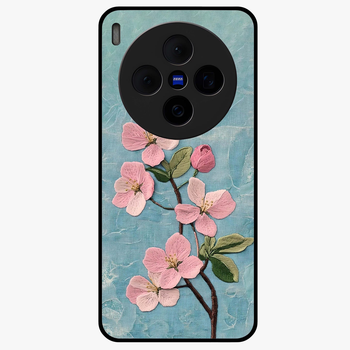 Threaded Blossom Breeze Glass Case showing flat back view with delicate blossom artwork and glossy glass finish.