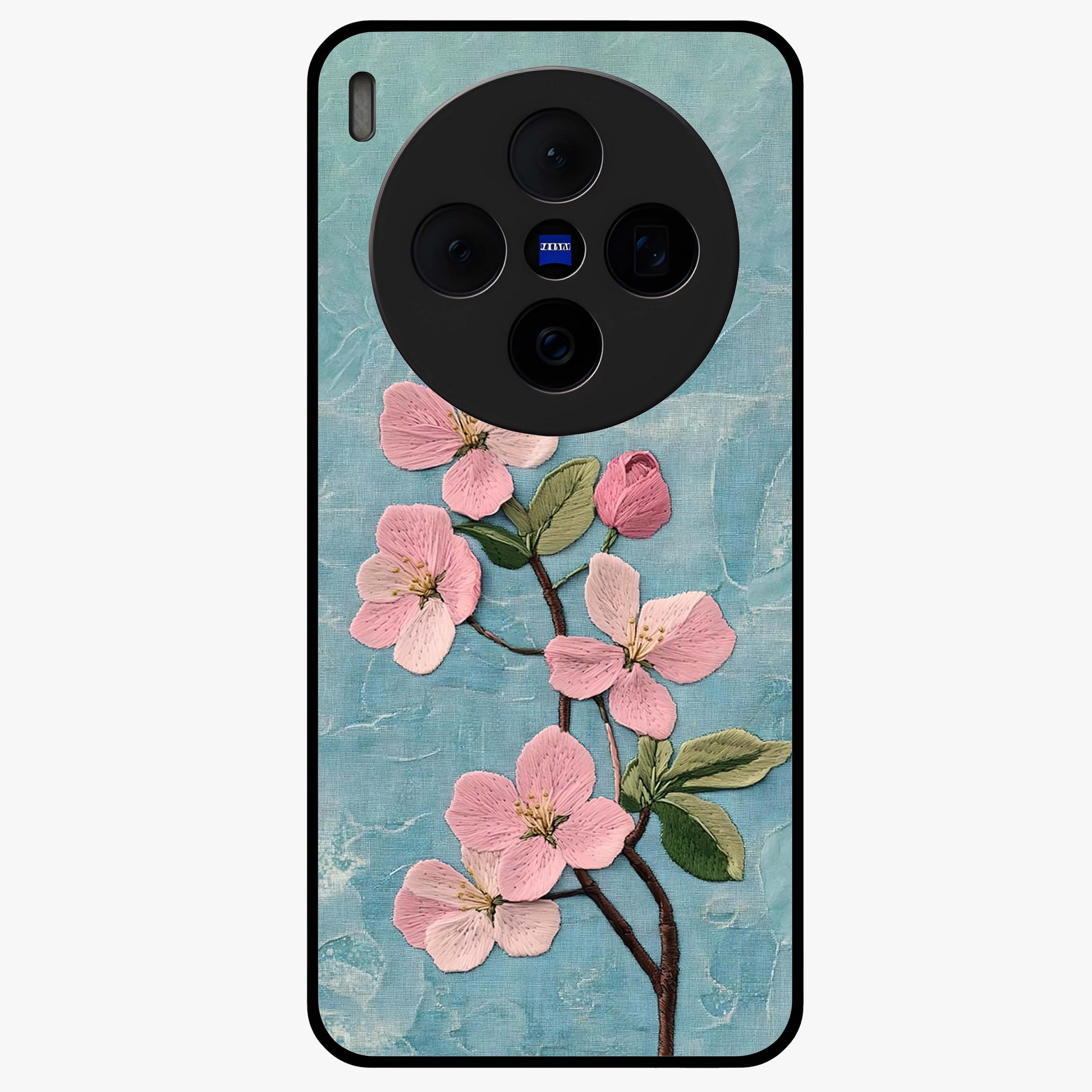 Threaded Blossom Breeze Glass Case showing flat back view with delicate blossom artwork and glossy glass finish.