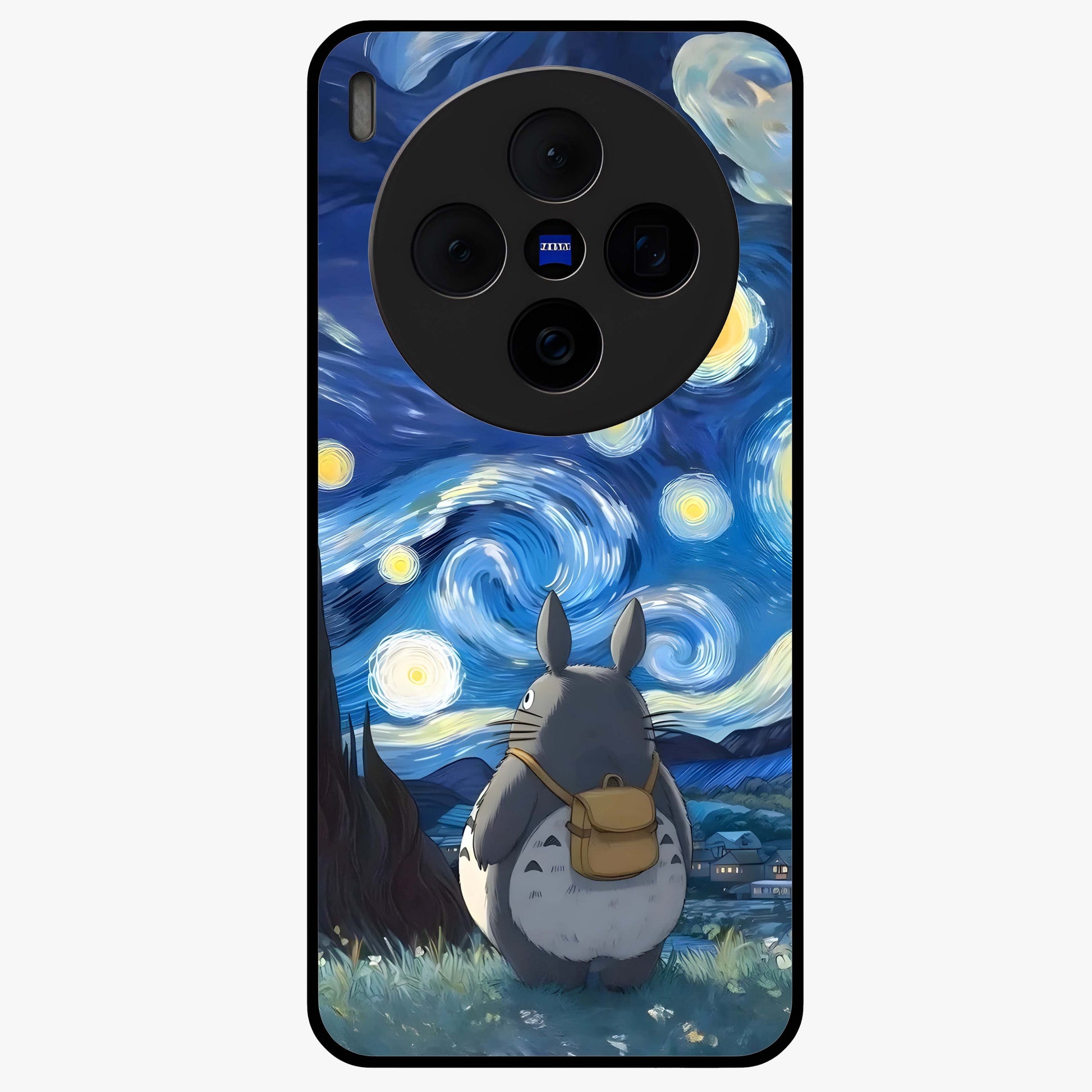Totoro In Van Gogh Art Glass Case showing flat back view with whimsical character artwork inspired by Van Gogh style and glossy glass finish.