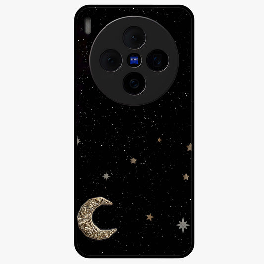 Twinkle Star With Half Moon Glass Case showing flat back view with star and half moon artwork and glossy glass finish.