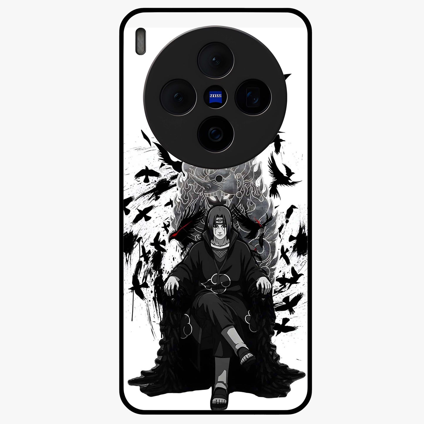 Uchiha Shadow Throne Glass Case showing flat back view with cosmic underwater themed artwork and glossy glass finish.