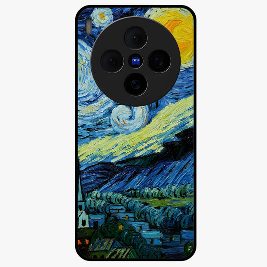 Van Gogh Art Glass Case showing flat back view with classic painterly artwork inspired by Van Gogh style and glossy glass finish.