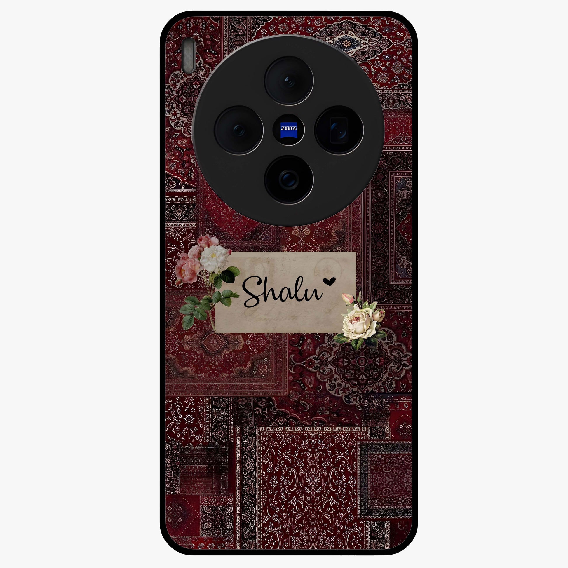 Velvet Wine Pattern Custom Name Glass Case showing flat back view with elegant wine colored pattern artwork and personalized name design.