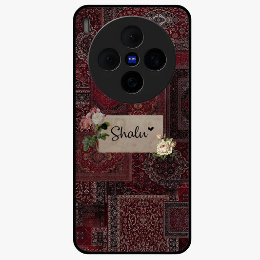 Velvet Wine Pattern Custom Name Glass Case showing flat back view with elegant wine colored pattern artwork and personalized name design.