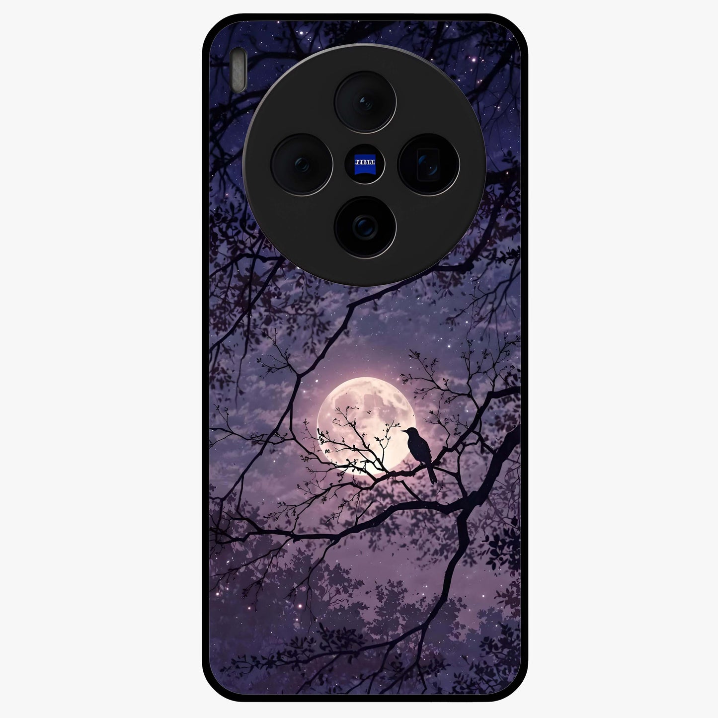 Whispering Moon Silence Glass Case showing flat back view with serene moon themed artwork and glossy glass finish.