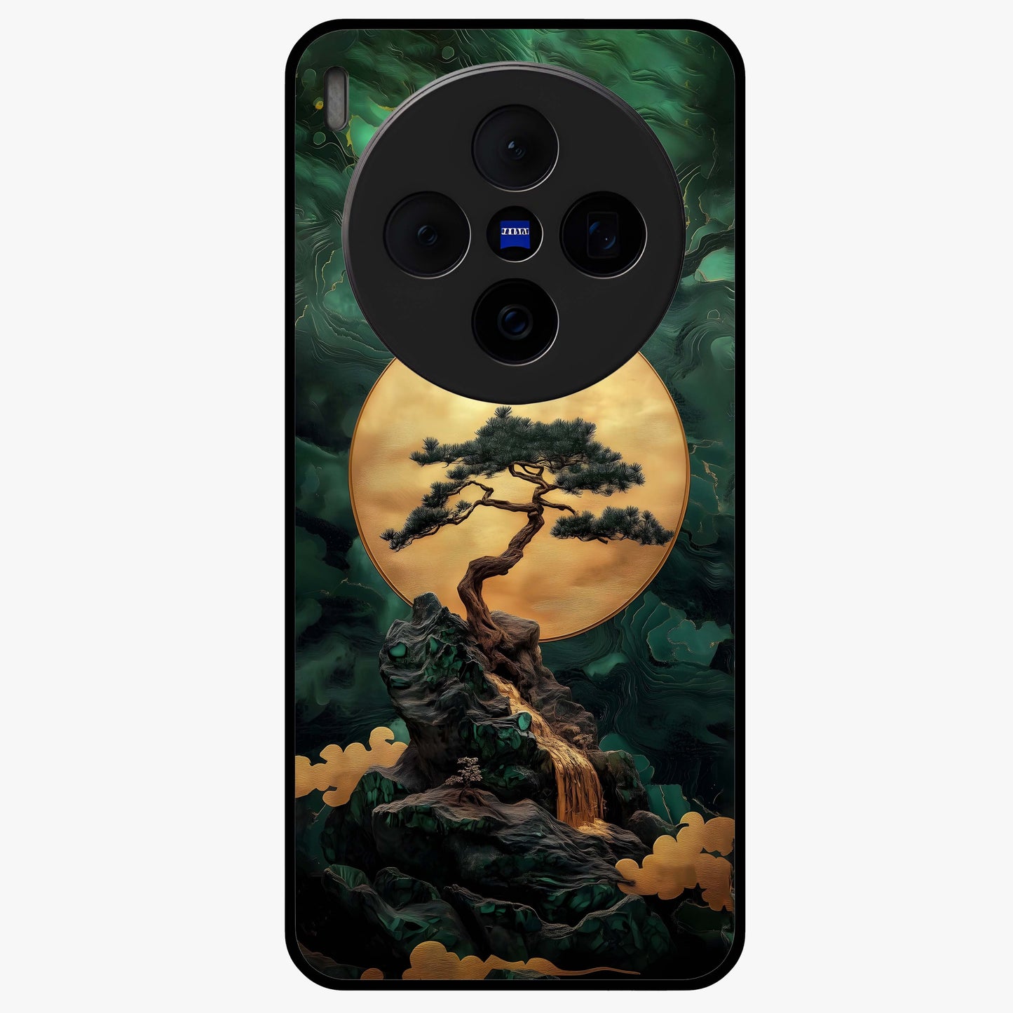 Zen Moon Rise Glass Case showing flat back view with calm moonrise artwork and glossy glass finish.