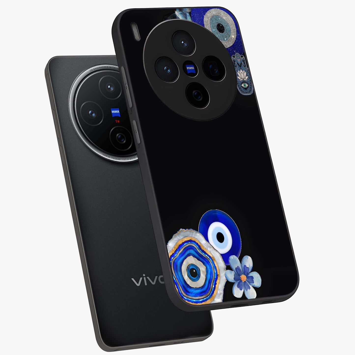 Aesthetic Blue Evil Eye Glass Case displayed in angled mockup highlighting blue evil eye symbol and spiritual aesthetic design.