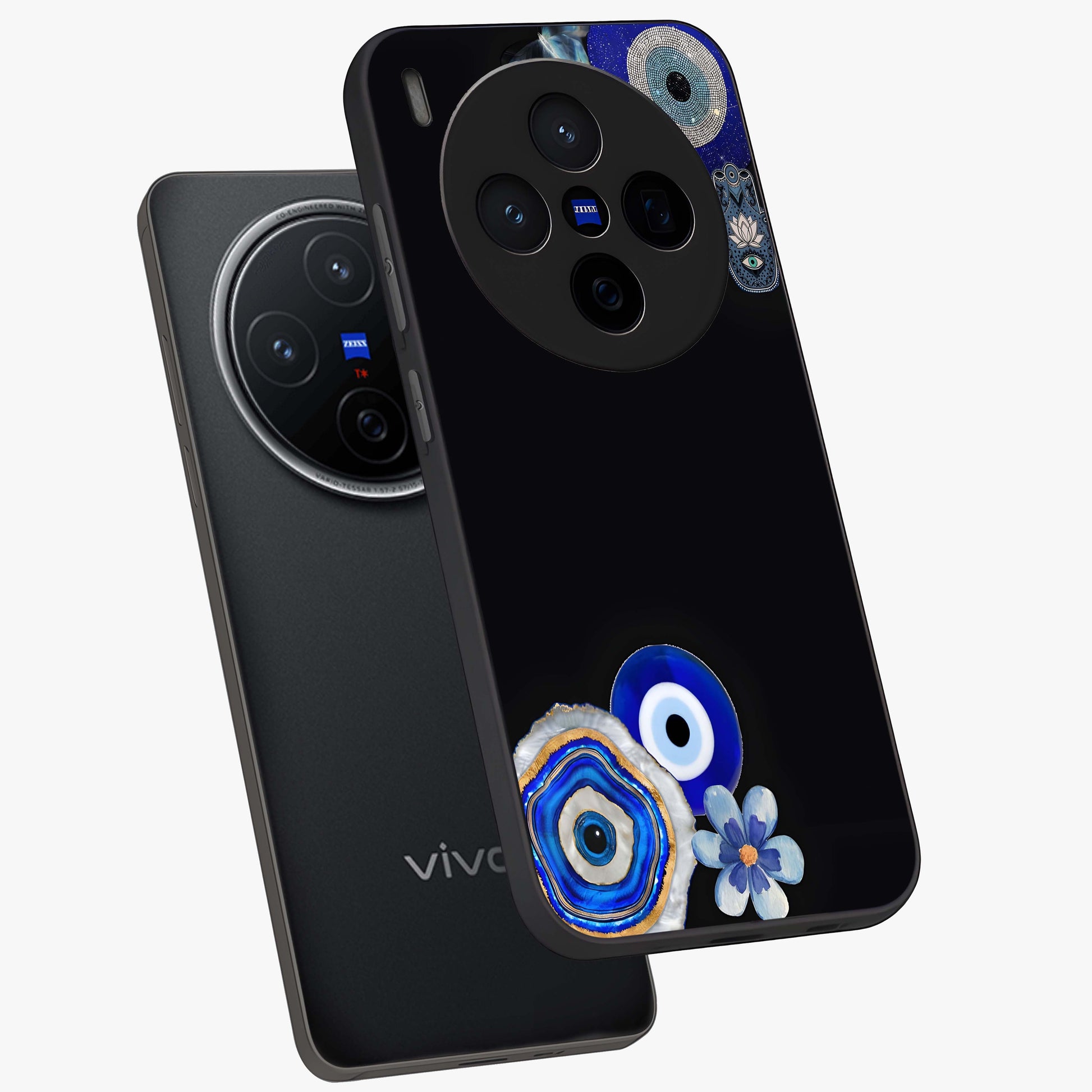Aesthetic Blue Evil Eye Glass Case displayed in angled mockup highlighting blue evil eye symbol and spiritual aesthetic design.