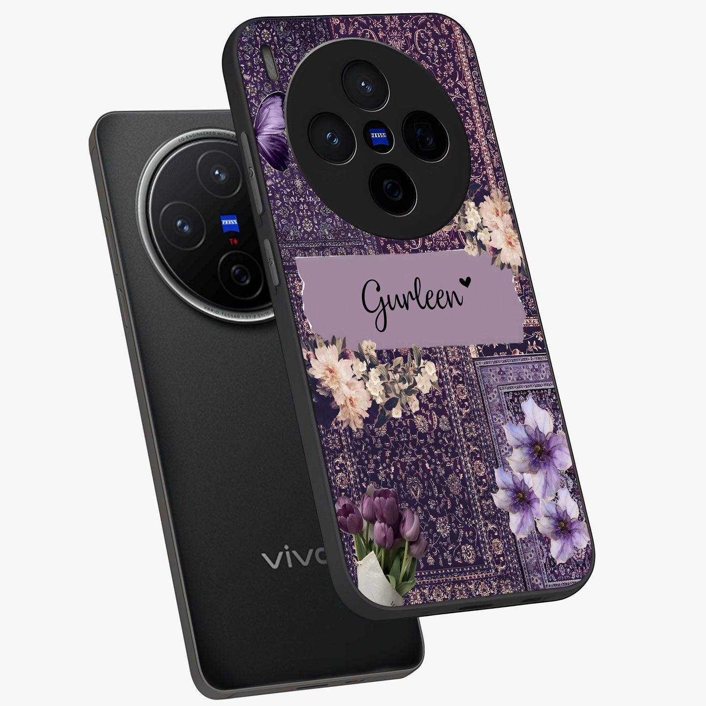 Antique Floral Whisper Custom Name Glass Case displayed in angled mockup highlighting elegant antique floral aesthetic.