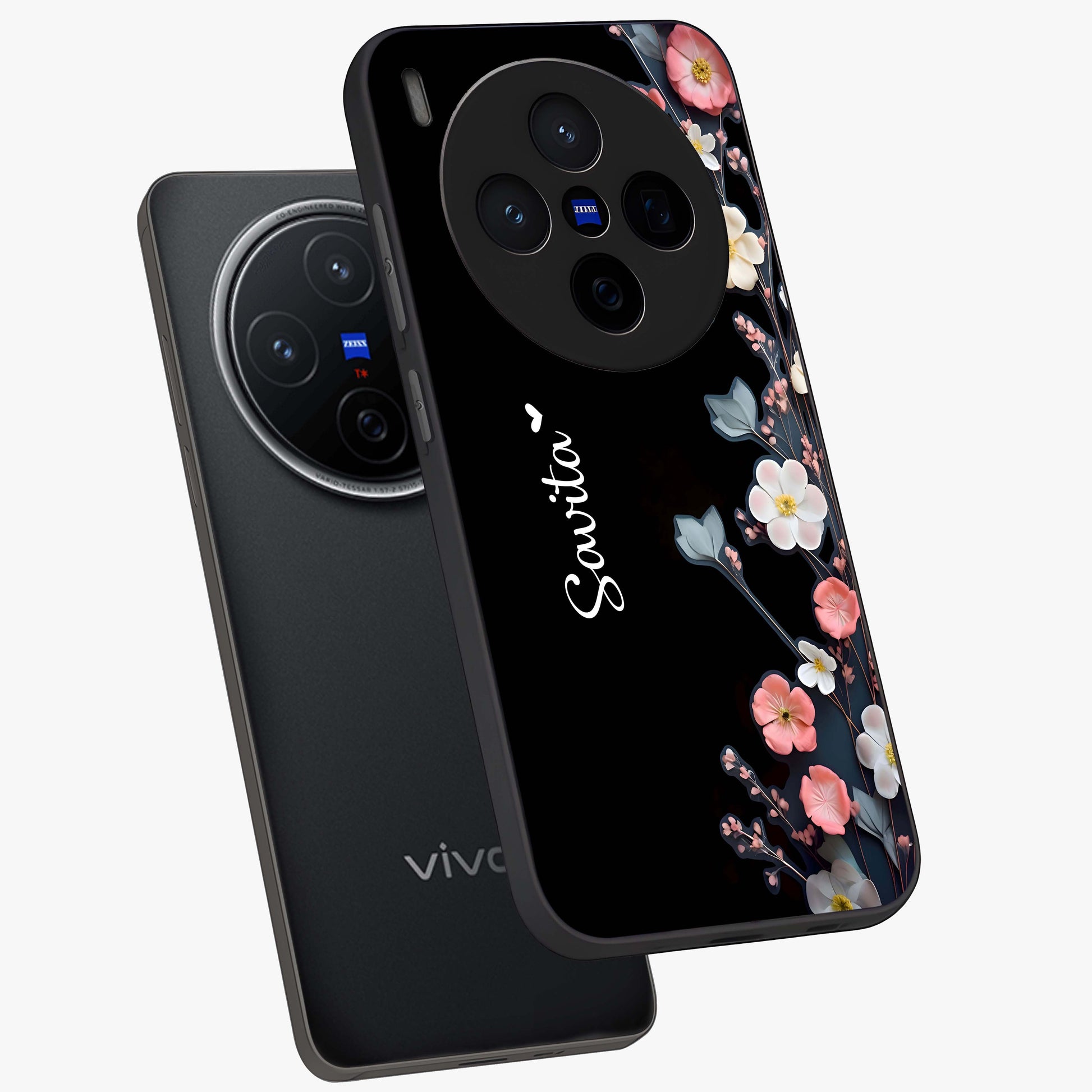 Black Elegance Floral Custom Name Glass Case displayed in angled mockup highlighting dark floral aesthetic and custom name feature.