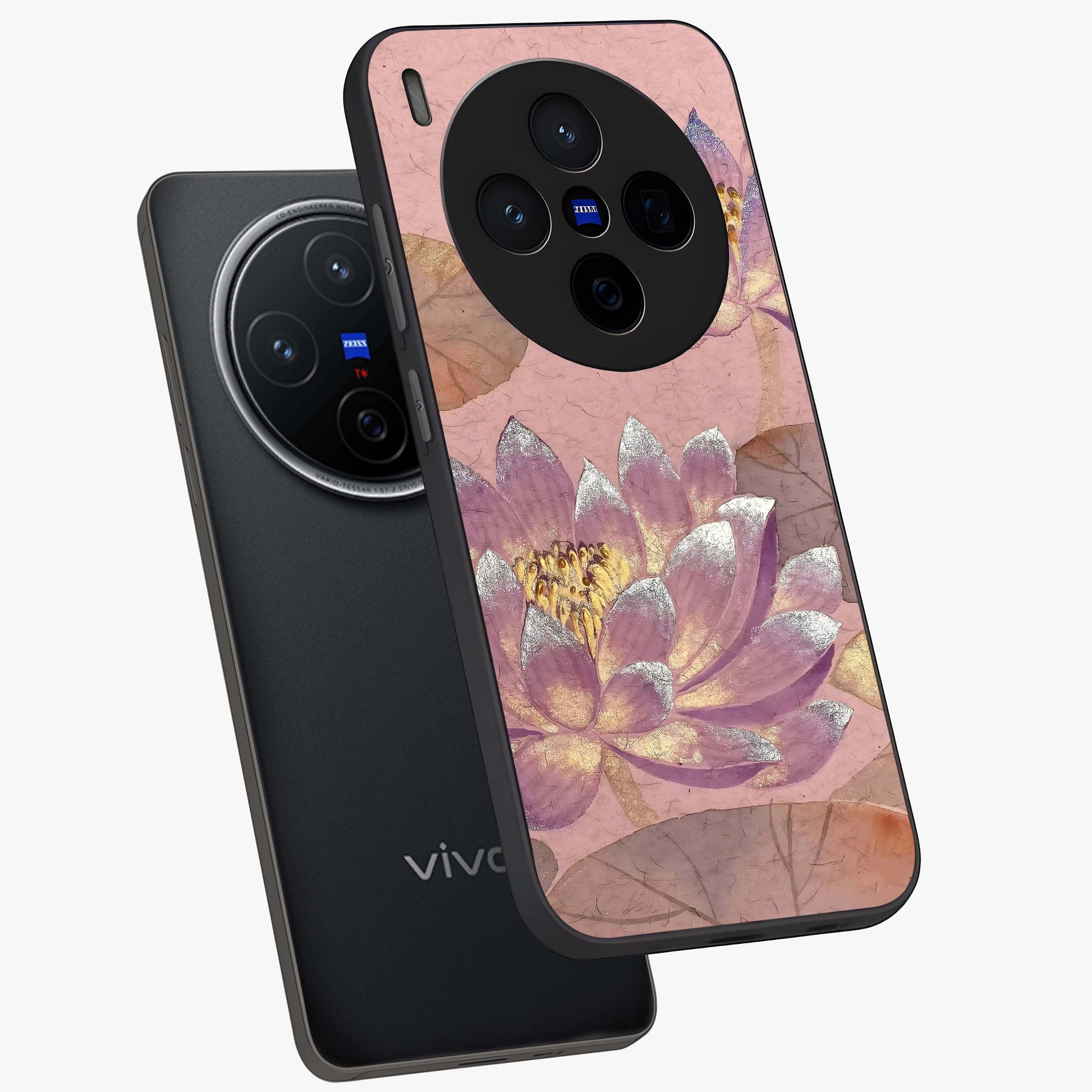 Blossom Mist Lotus Glass Case displayed in angled mockup highlighting delicate lotus illustration with calm aesthetic theme.