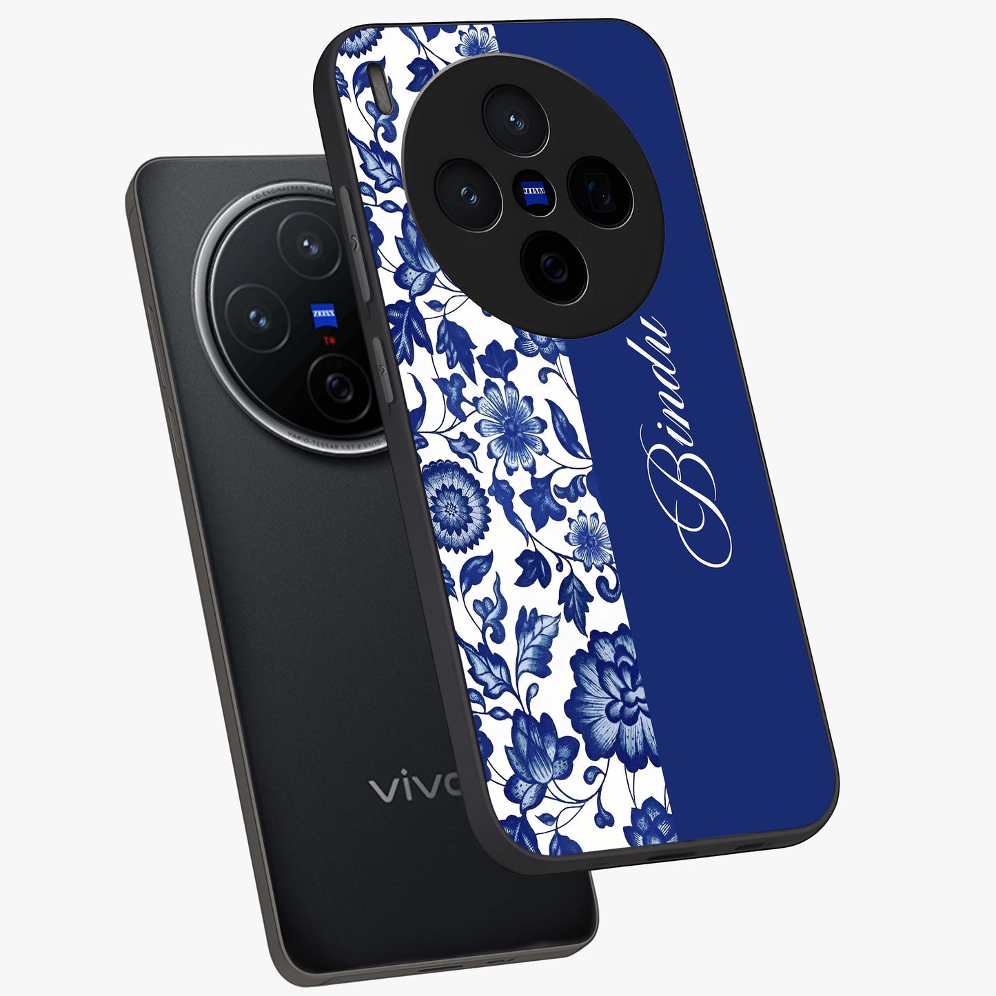 Blue Vintage Floral Pattern Glass Case displayed in angled mockup highlighting subtle bloom pattern with aesthetic pastel design.