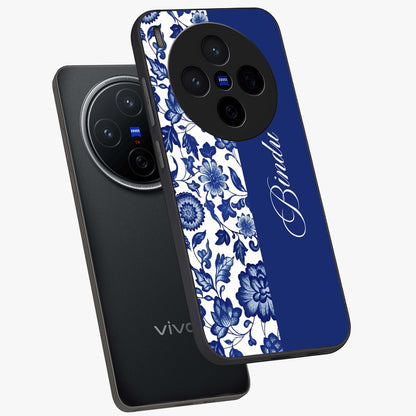 Blue Vintage Floral Pattern Glass Case displayed in angled mockup highlighting subtle bloom pattern with aesthetic pastel design.