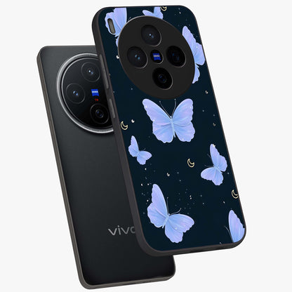 Butterfly With Stars Pattern Glass Case displayed in angled mockup highlighting dreamy butterfly and star design with aesthetic theme.