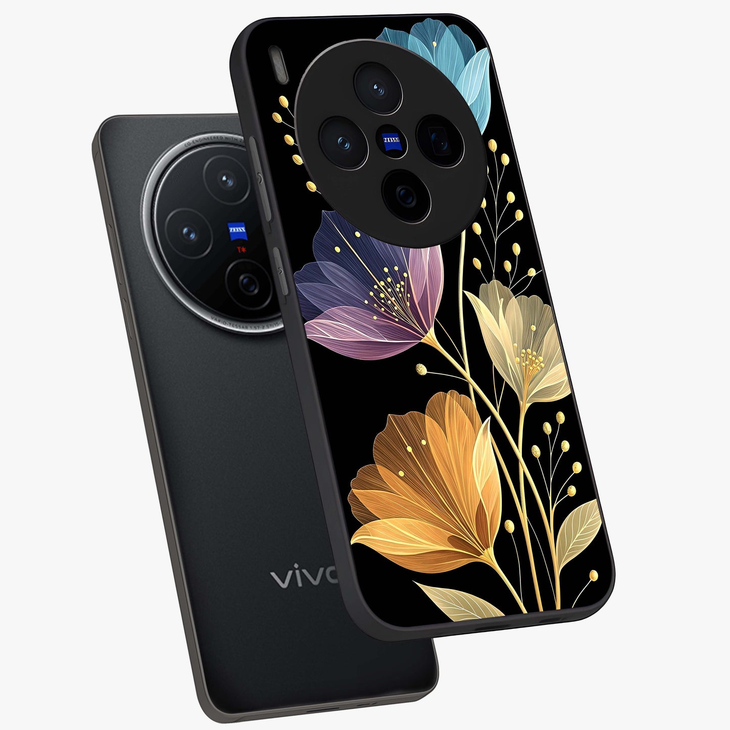 Delicate Multicolor Flowers Glass Case displayed in angled mockup highlighting colorful flower pattern with soft aesthetic style.