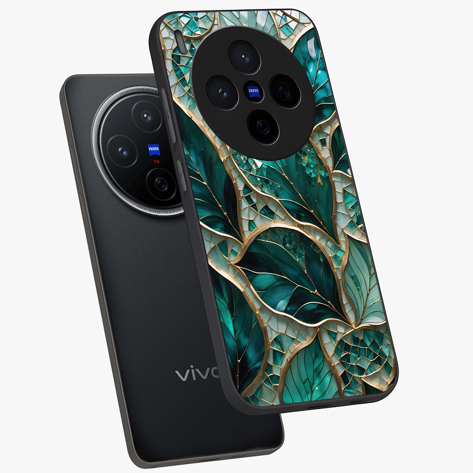 Emerald Leaf Glass Glass Case displayed in angled mockup highlighting botanical leaf illustration with elegant natural aesthetic.