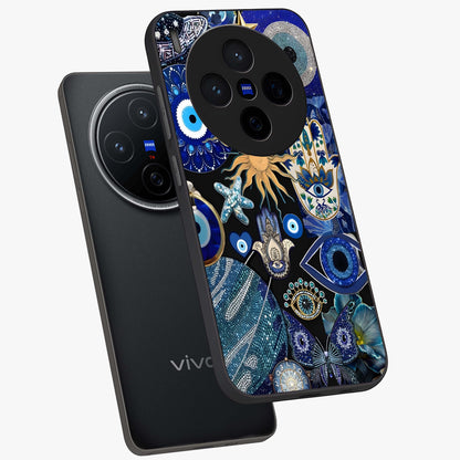 Evil Eye Charm Mix Glass Case displayed in angled mockup highlighting protective evil eye symbols with spiritual aesthetic design.